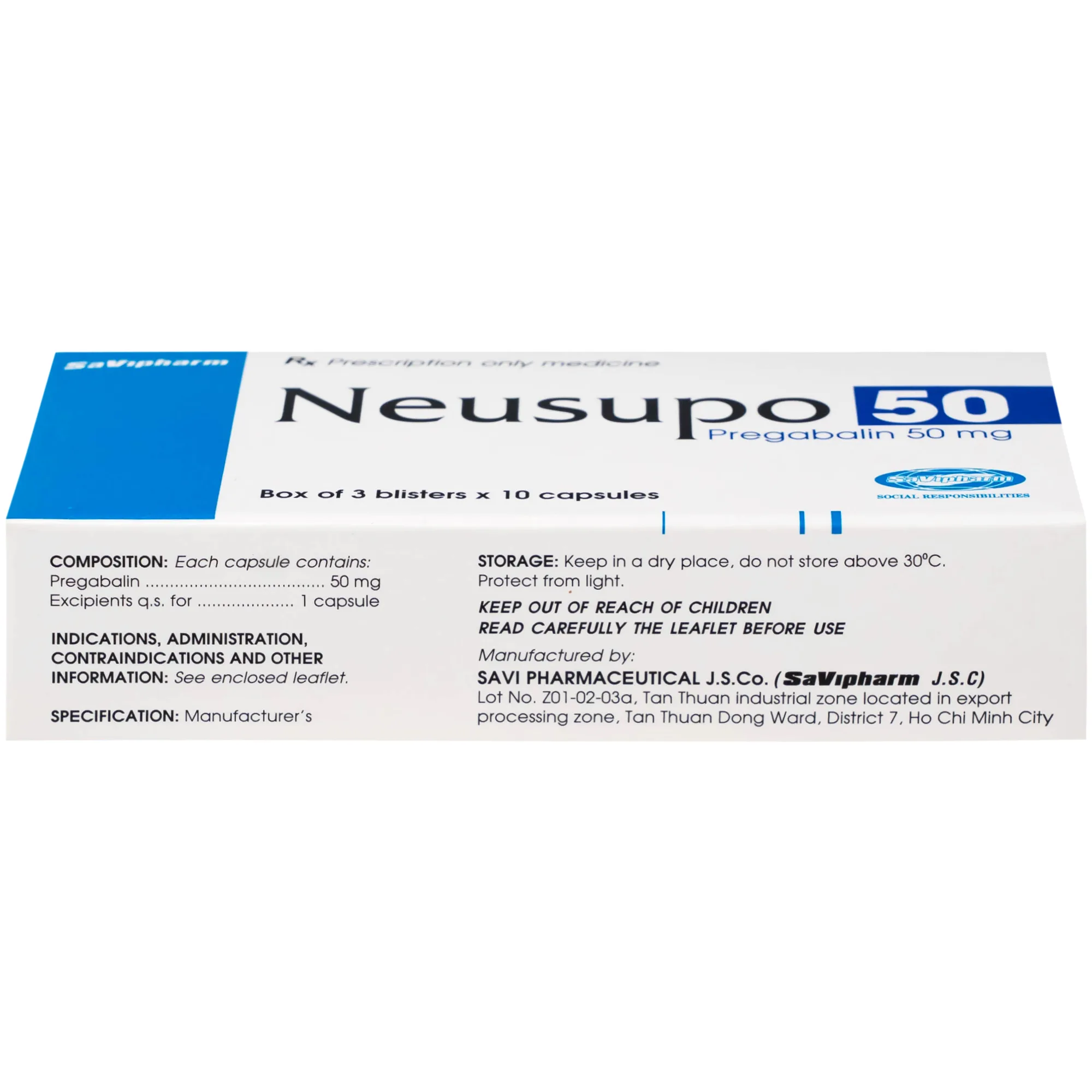 Hình ảnh Thuốc Neusupo 50mg Savipharm đau thần kinh, lo âu lan tỏa, đau cơ xơ hóa, hỗ trợ động kinh cục bộ (3 vỉ x 10 viên)