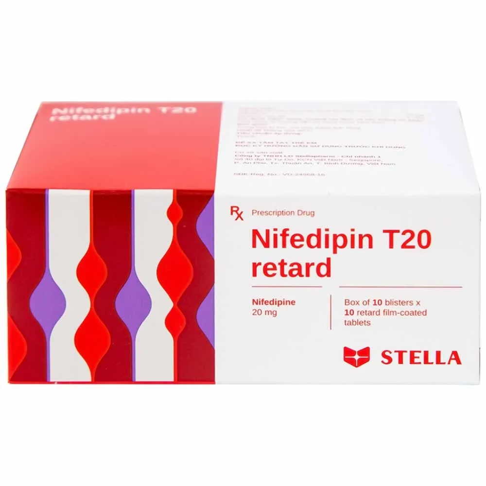 Hình ảnh Viên nén Nifedipin T20 retard Stella dự phòng đau thắt ngực, điều trị tăng huyết áp (10 vỉ x 10 viên) 