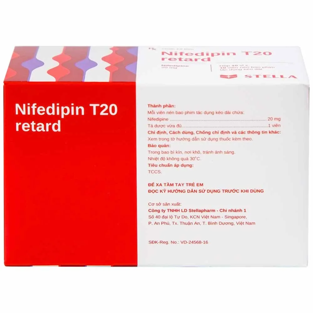 Hình ảnh Viên nén Nifedipin T20 retard Stella dự phòng đau thắt ngực, điều trị tăng huyết áp (10 vỉ x 10 viên) 