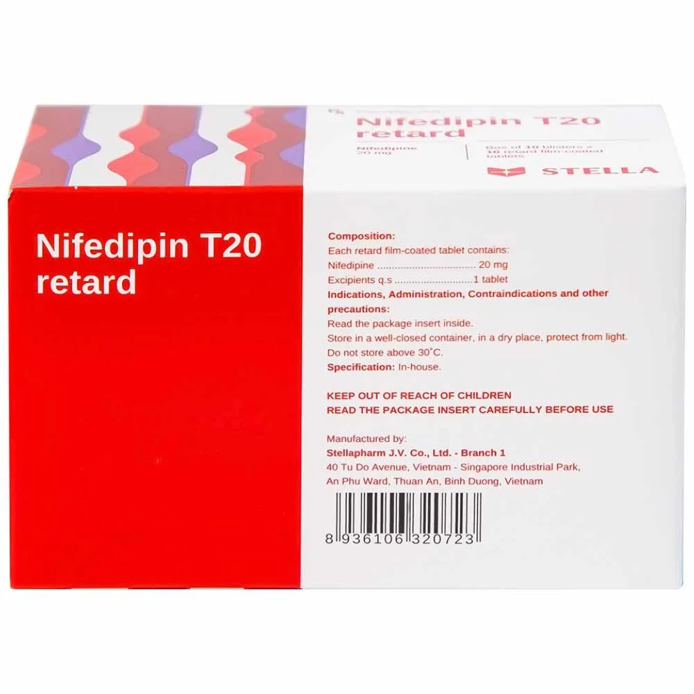 Hình ảnh Viên nén Nifedipin T20 retard Stella dự phòng đau thắt ngực, điều trị tăng huyết áp (10 vỉ x 10 viên) 