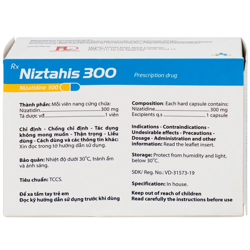 Hình ảnh Thuốc Niztahis 300 Agimexpharm điều trị loét tá tràng, loét dạ dày lành tính, bệnh trào ngược dạ dày, thực quản (3 vỉ x 10 viên)