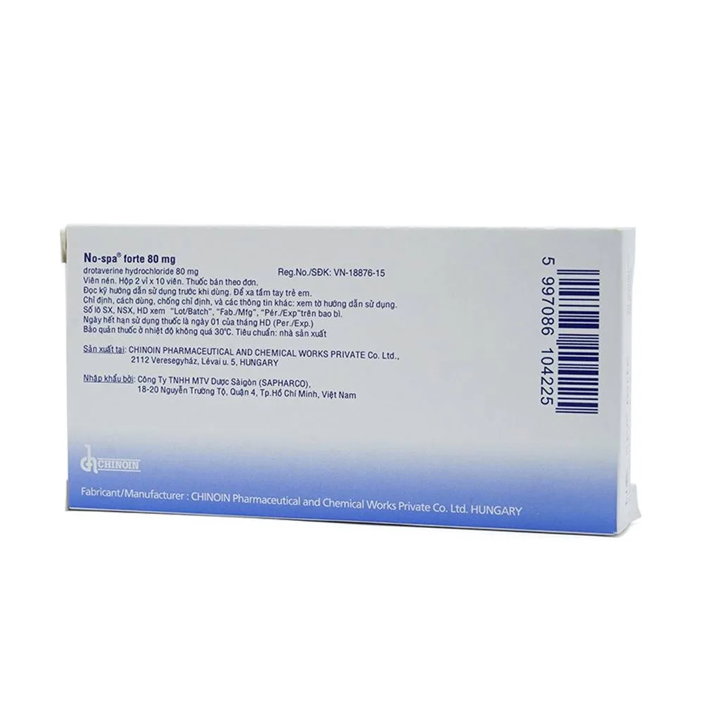 Hình ảnh Thuốc No-Spa Forte 80mg Sanofi điều trị co thắt cơ trơn, sỏi túi mật, sỏi ống mật (2 vỉ x 10 viên)