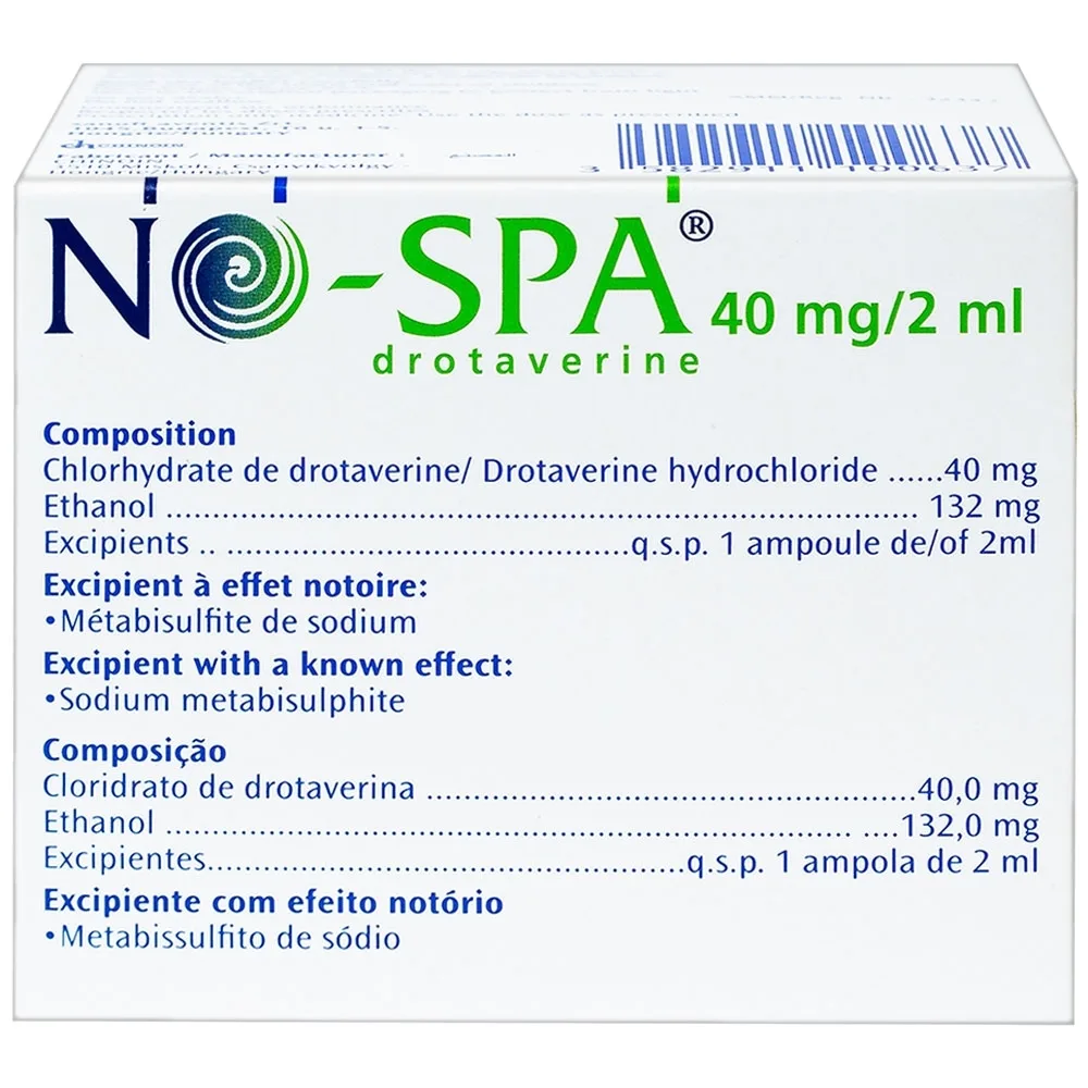 Hình ảnh Dung dịch tiêm No-Spa 40mg/2ml Sanofi chống co thắt cơ, điều trị sỏi túi mật, sỏi ống mật (5 vỉ x 5 ống x 2ml)