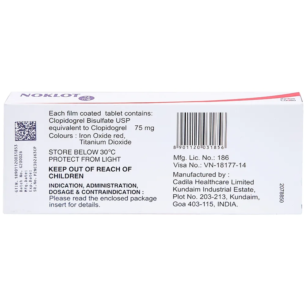 Hình ảnh Viên nén Noklot 75mg Cadila phòng ngừa tai biến xơ vữa động mạch (3 vỉ x 10 viên)