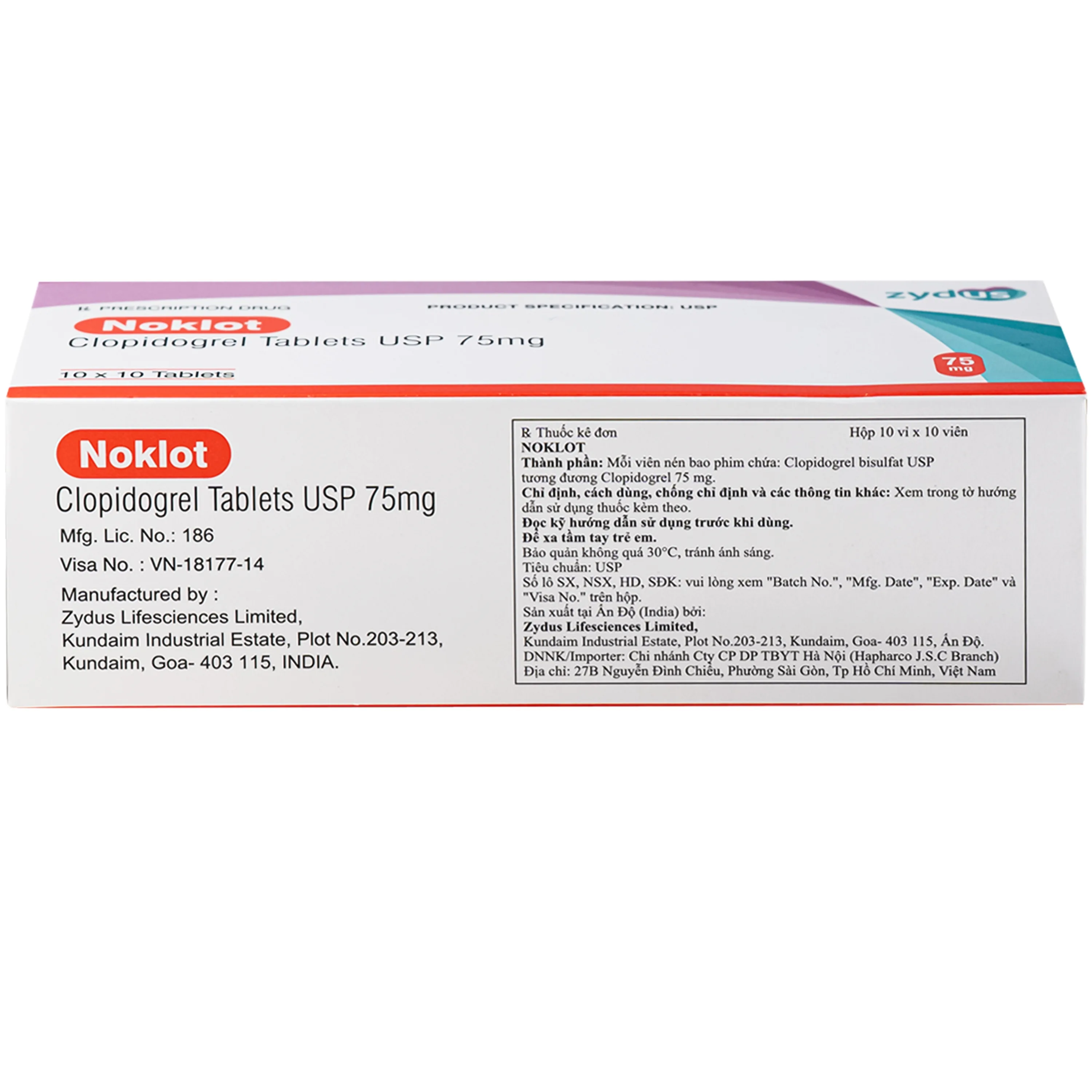Hình ảnh Thuốc Noklot 75mg Zydus phòng ngừa biến cố xơ vữa động mạch (10 vỉ x 10 viên)