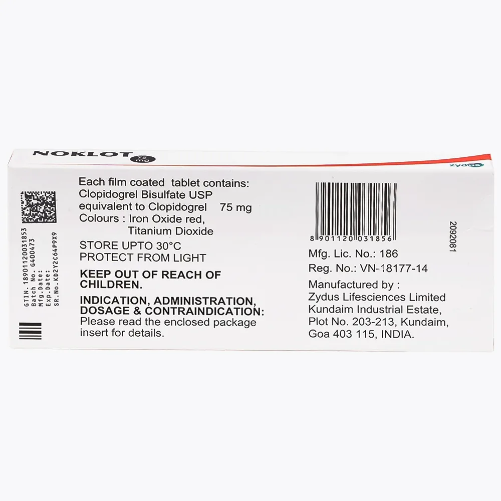 Hình ảnh Thuốc Noklot 75mg Zydus phòng ngừa biến cố xơ vữa động mạch (3 vỉ x 10 viên)