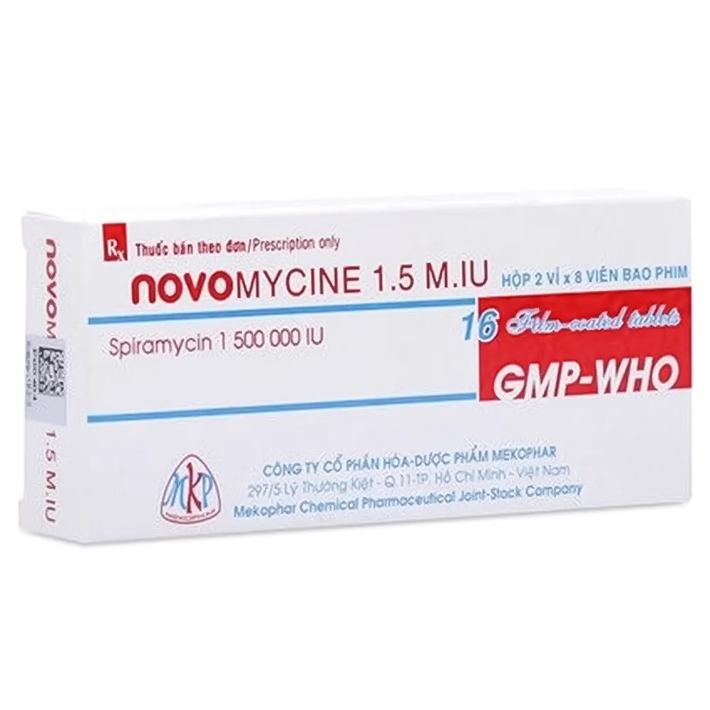 Hình ảnh Viên nén Novomycine 1.5 M.IU Mekophar điều trị viêm họng, viêm xoang cấp (2 vỉ x 8 viên)