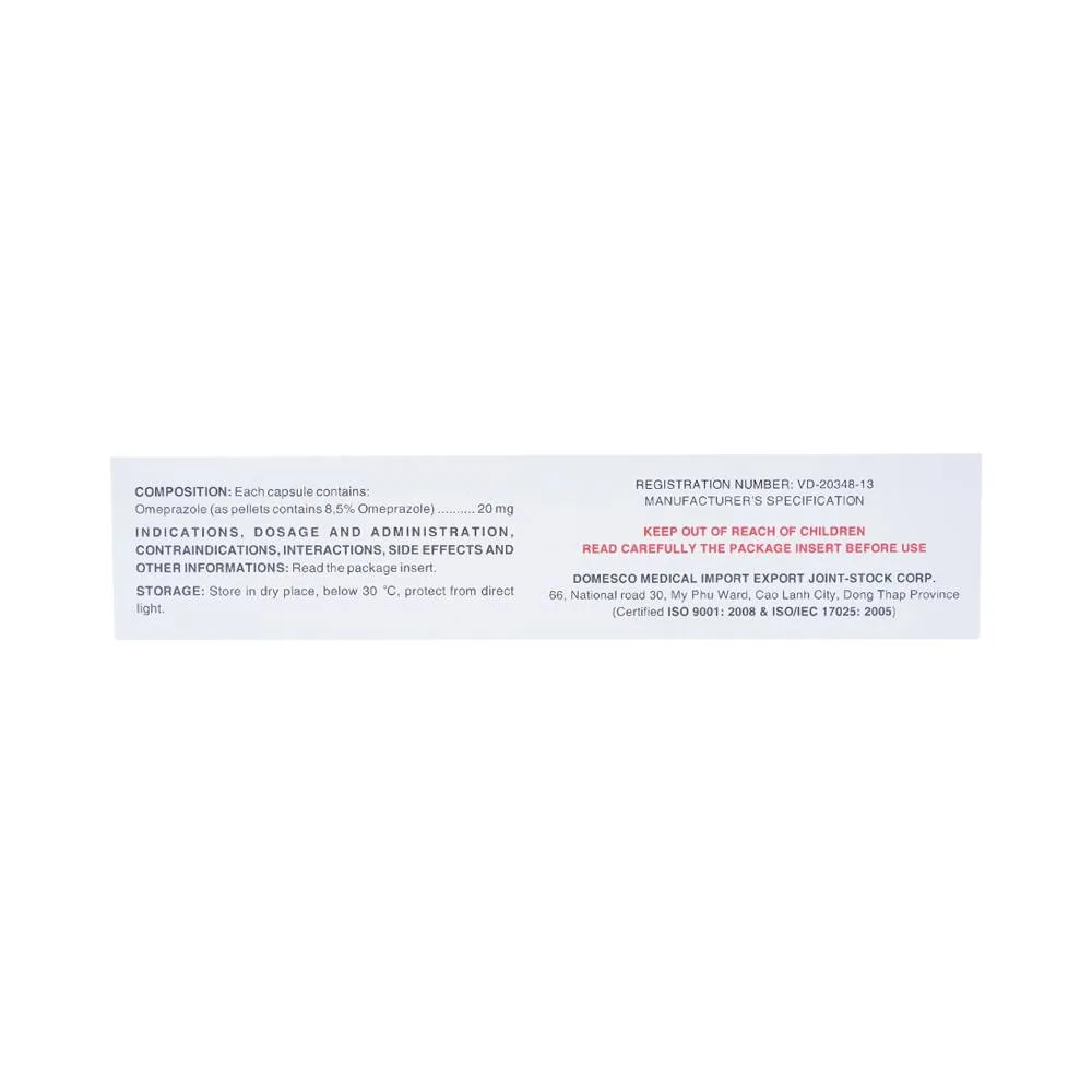 Hình ảnh Viên nang cứng Omeprazol 20mg Domesco điều trị trào ngược dạ dày - thực quản (10 vỉ x 10 viên)
