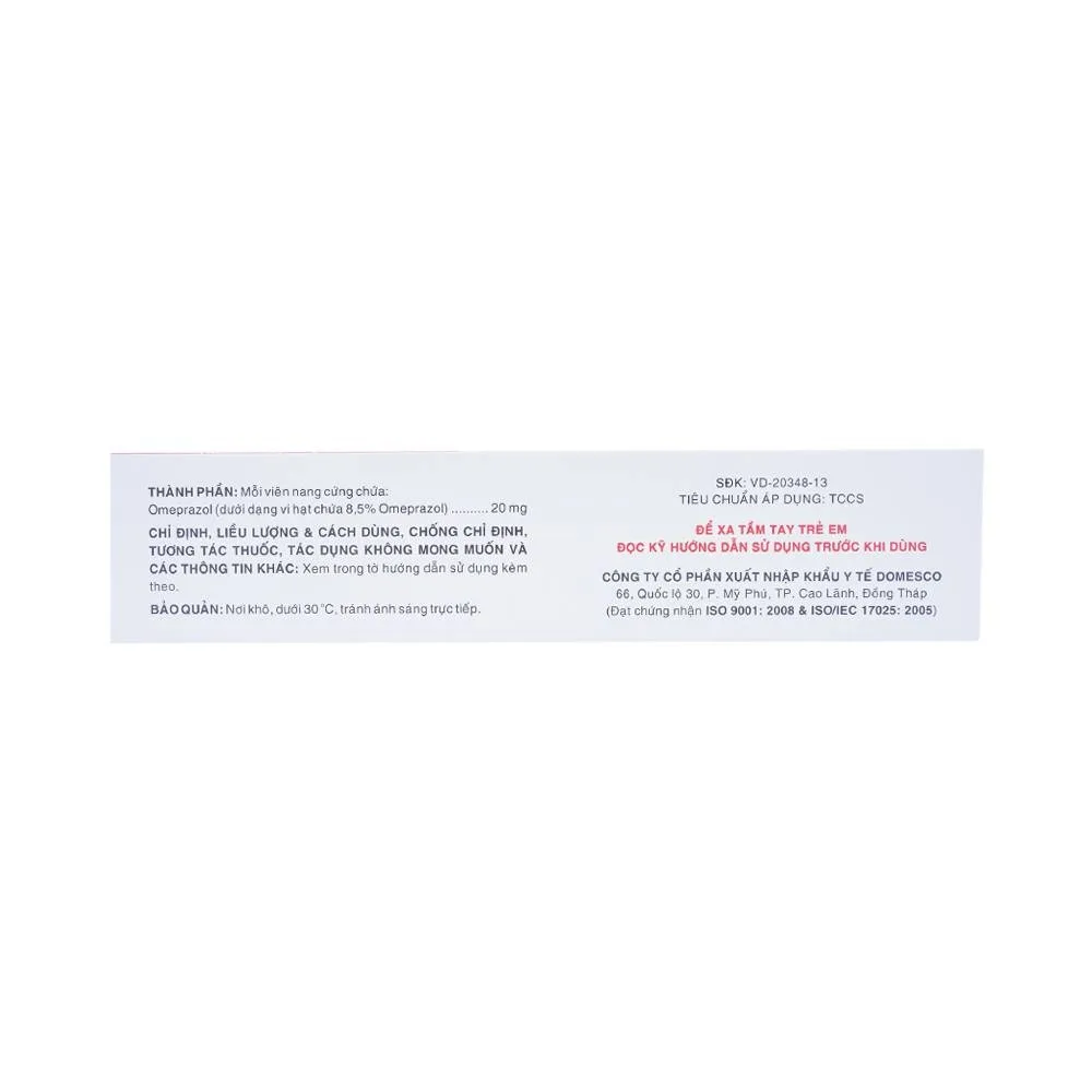 Hình ảnh Viên nang cứng Omeprazol 20mg Domesco điều trị trào ngược dạ dày - thực quản (10 vỉ x 10 viên)