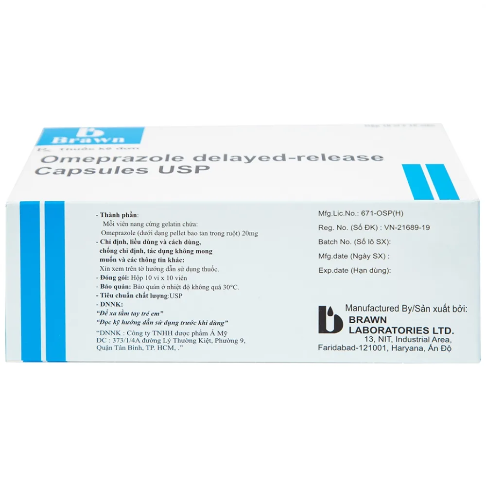 Hình ảnh Viên nang Omeprazole Delayed Release Brawn điều trị loét dạ dày tá tràng (10 vỉ x 10 viên)