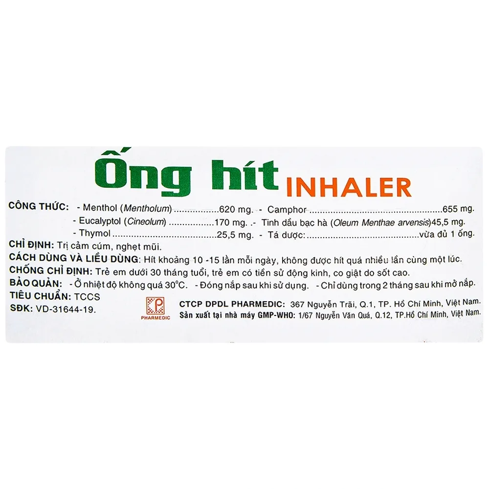 Hình ảnh Ống hít Inhaler Pharmedic điều trị cảm cúm, nghẹt mũi (1 vỉ x 5 ống)