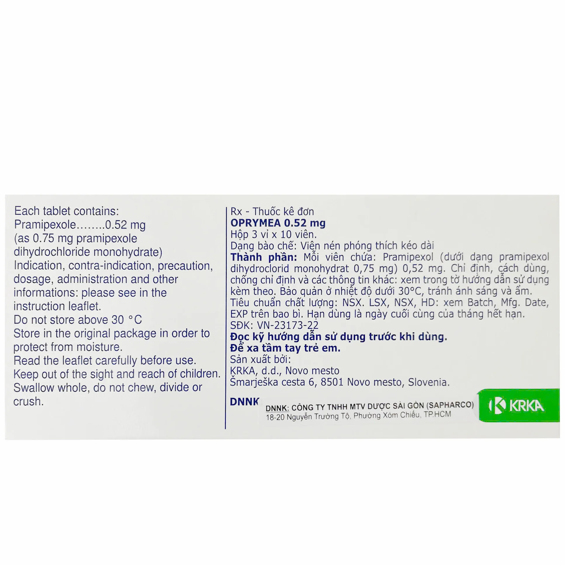 Hình ảnh Thuốc Oprymea Prolonged-Release Tablet 0,52MG Krka điều trị các triệu chứng của bệnh Parkinson nguyên phát Ở người lớn (3 vỉ 10 viên)