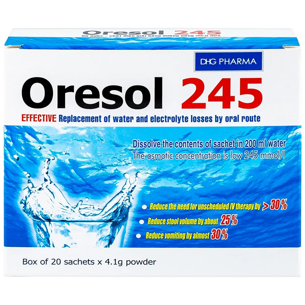 Hình ảnh Bột pha uống Oresol 245 DHG Pharma bù nước, bổ sung chất điện giải, điều trị mất nước do tiêu chảy (20 gói x 4.1g)