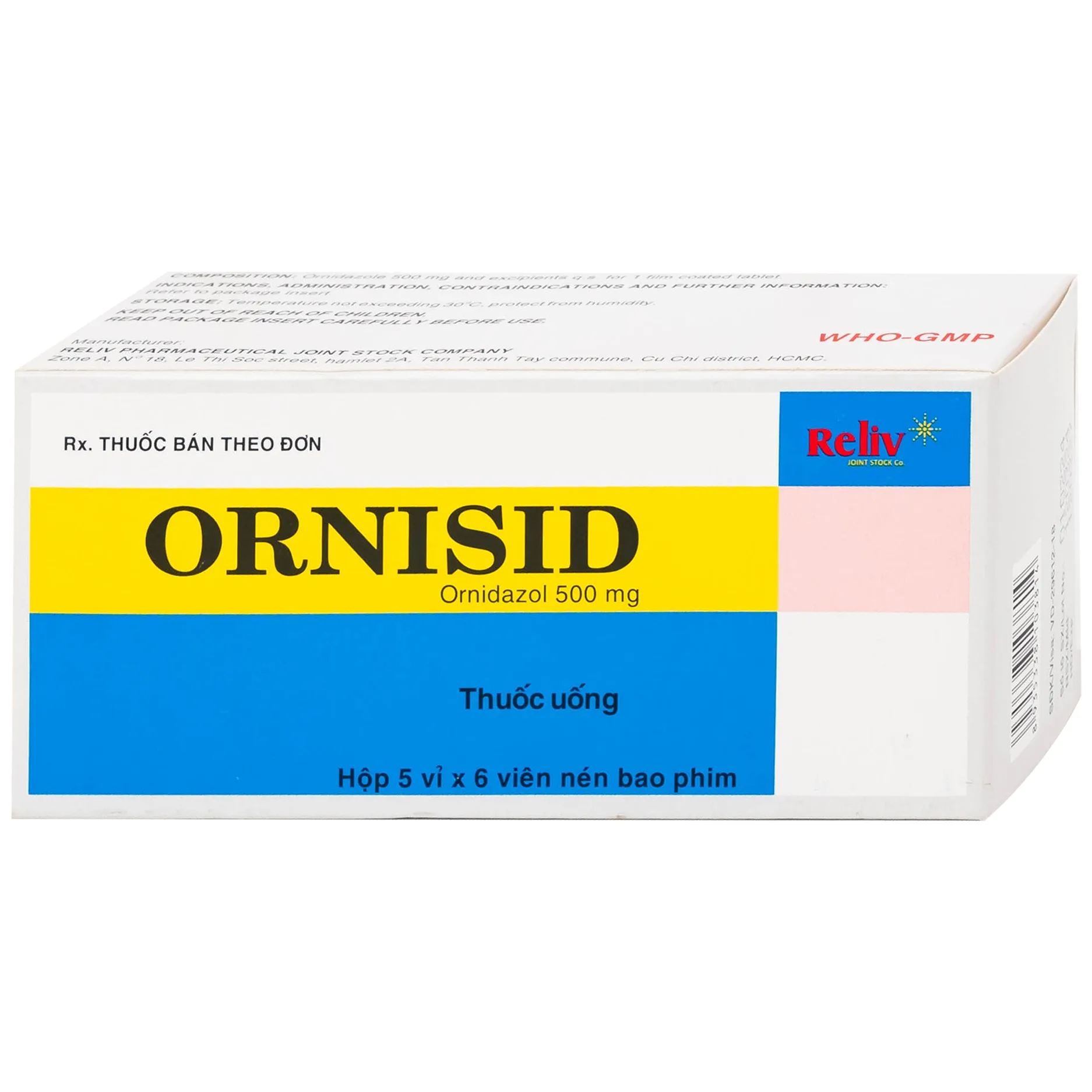Hình ảnh Thuốc Ornisid 500mg Reliv điều trị nhiễm amip ở ruột và gan (5 vỉ x 6 viên)