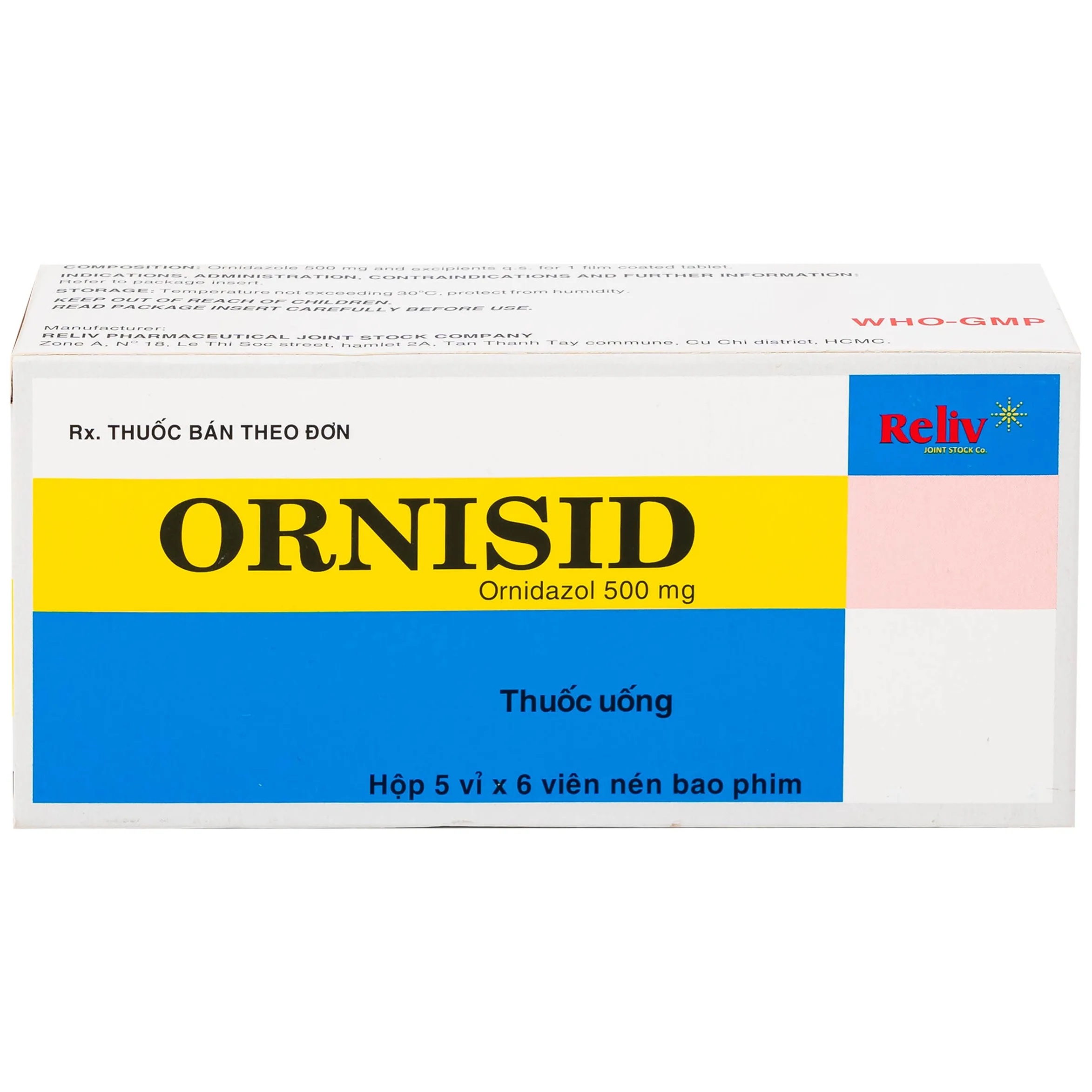 Hình ảnh Thuốc Ornisid 500mg Reliv điều trị nhiễm amip ở ruột và gan (5 vỉ x 6 viên)