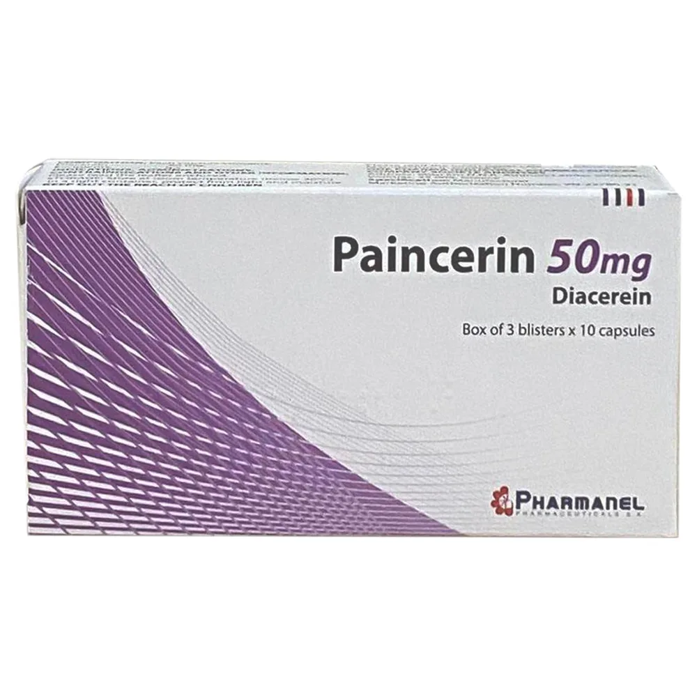 Hình ảnh Thuốc Paincerin 50mg Diacerein Pharmanel điều trị triệu chứng thoái hóa khớp hông, gối (3 vỉ x 10 viên)