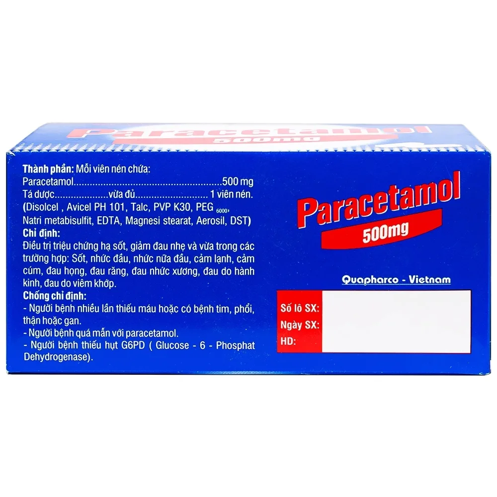Hình ảnh Thuốc Paracetamol 500mg Quapharco giảm đau nửa đầu, cảm lạnh, cảm cúm, đau họng (10 vỉ x 10 viên)