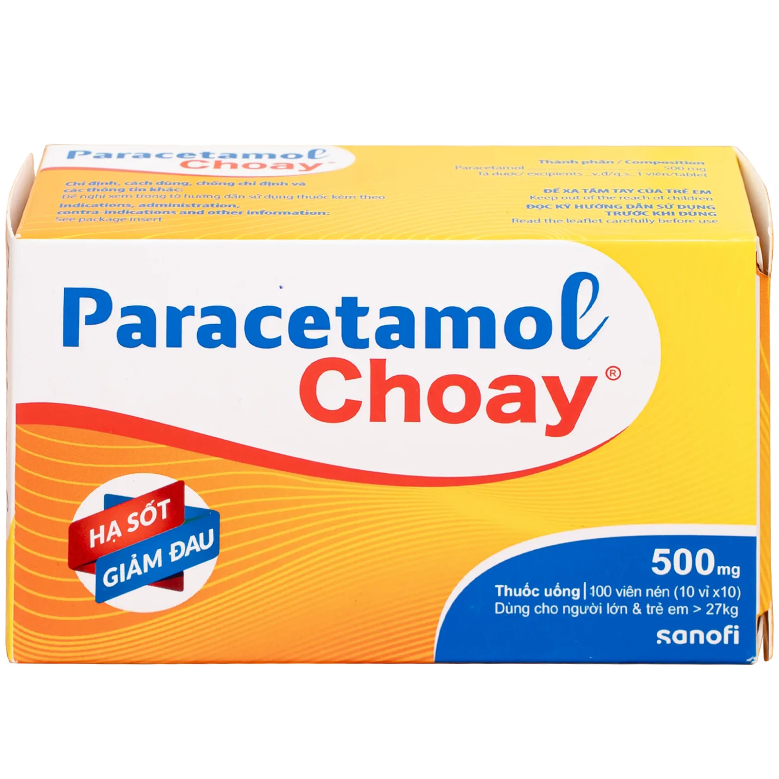 Hình ảnh Viên nén Paracetamol Choay 500mg Sanofi điều trị triệu chứng đau từ nhẹ đến vừa, sốt (10 vỉ x 10 viên)