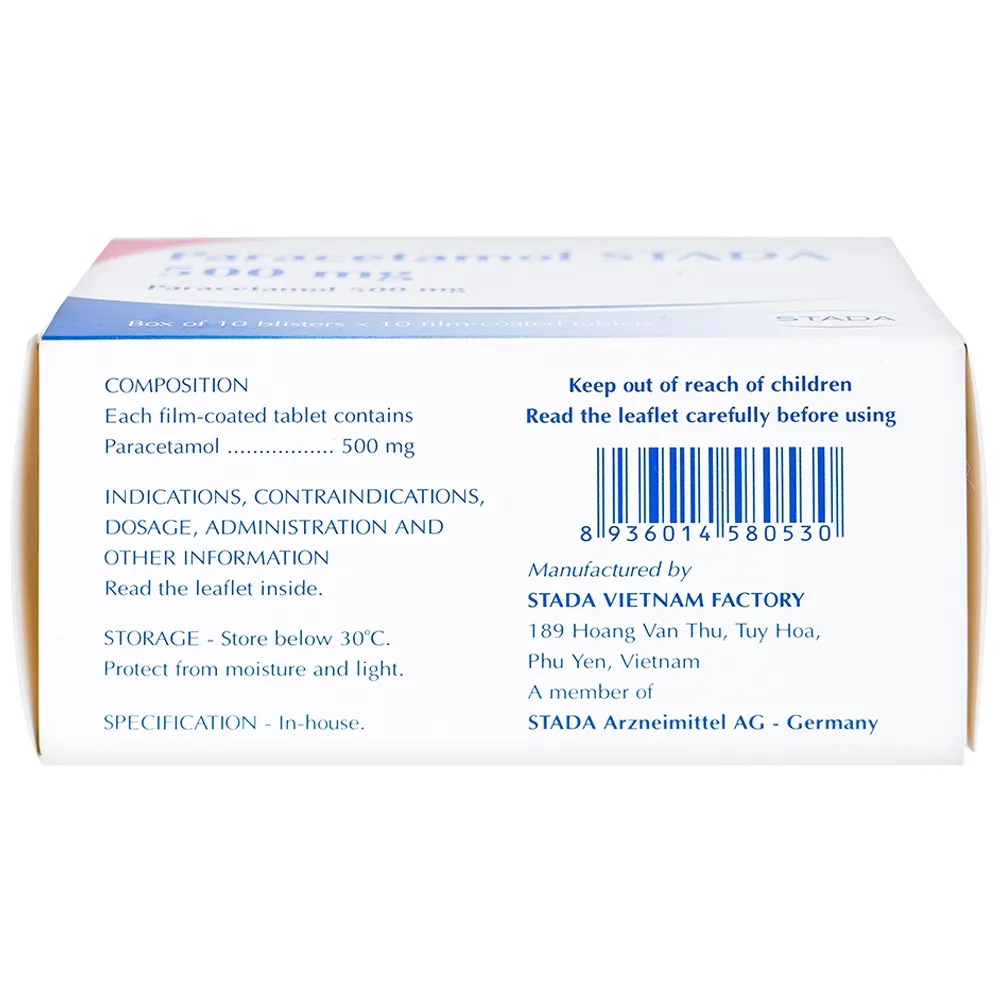 Hình ảnh Viên nén Paracetamol Stada 500mg điều trị các cơn đau đầu, đau thần kinh, đau răng (10 vỉ x 10 viên)