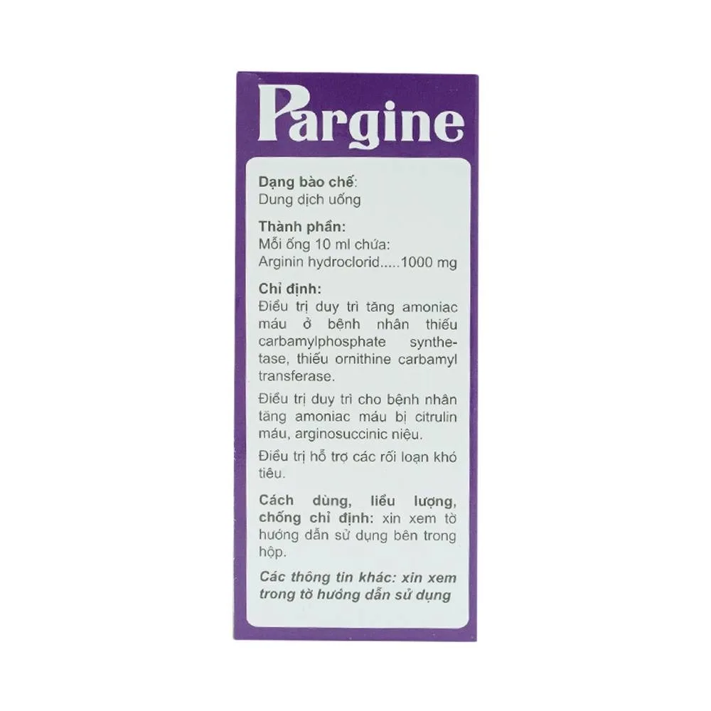 Hình ảnh Dung dịch uống Pargine 1000mg/10ml CPC1 Hà Nội điều trị tăng amoniac máu (4 vỉ x 5 ống x 10ml)