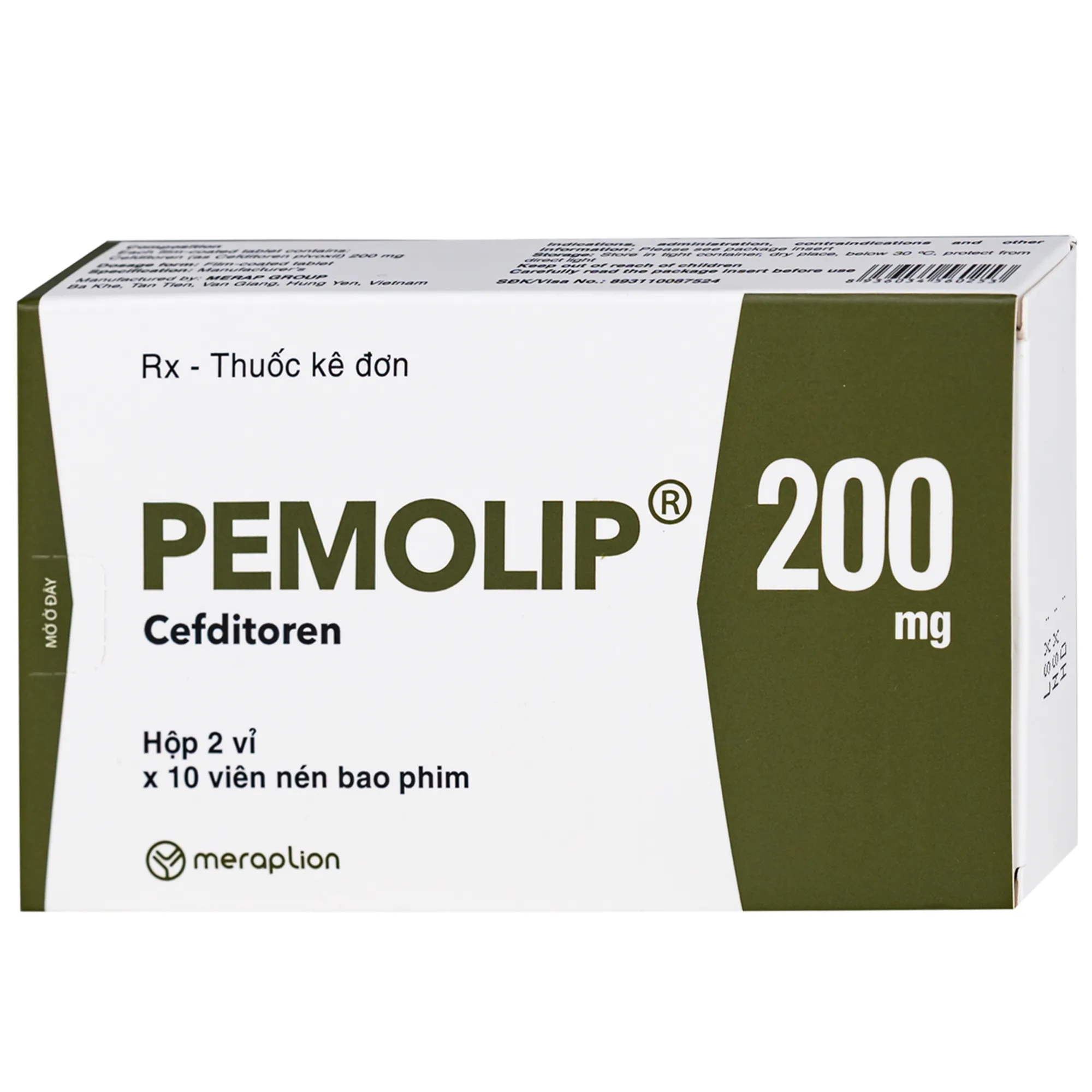 Hình ảnh Thuốc Pemolip 200mg Meraplion điều trị các nhiễm khuẩn từ nhẹ đến vừa bởi các chủng vi sinh vật (2 vỉ x 10 viên)