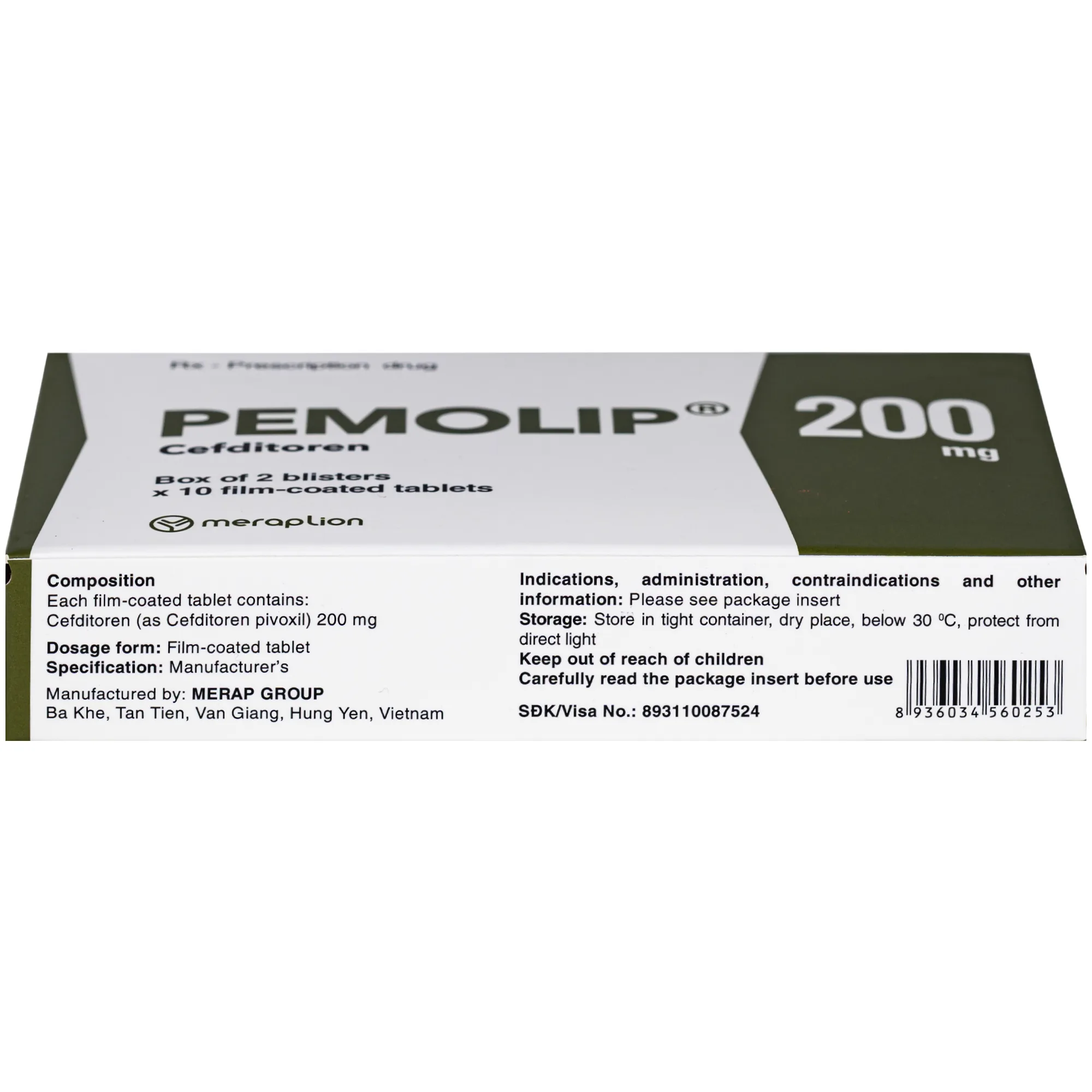Hình ảnh Thuốc Pemolip 200mg Meraplion điều trị các nhiễm khuẩn từ nhẹ đến vừa bởi các chủng vi sinh vật (2 vỉ x 10 viên)