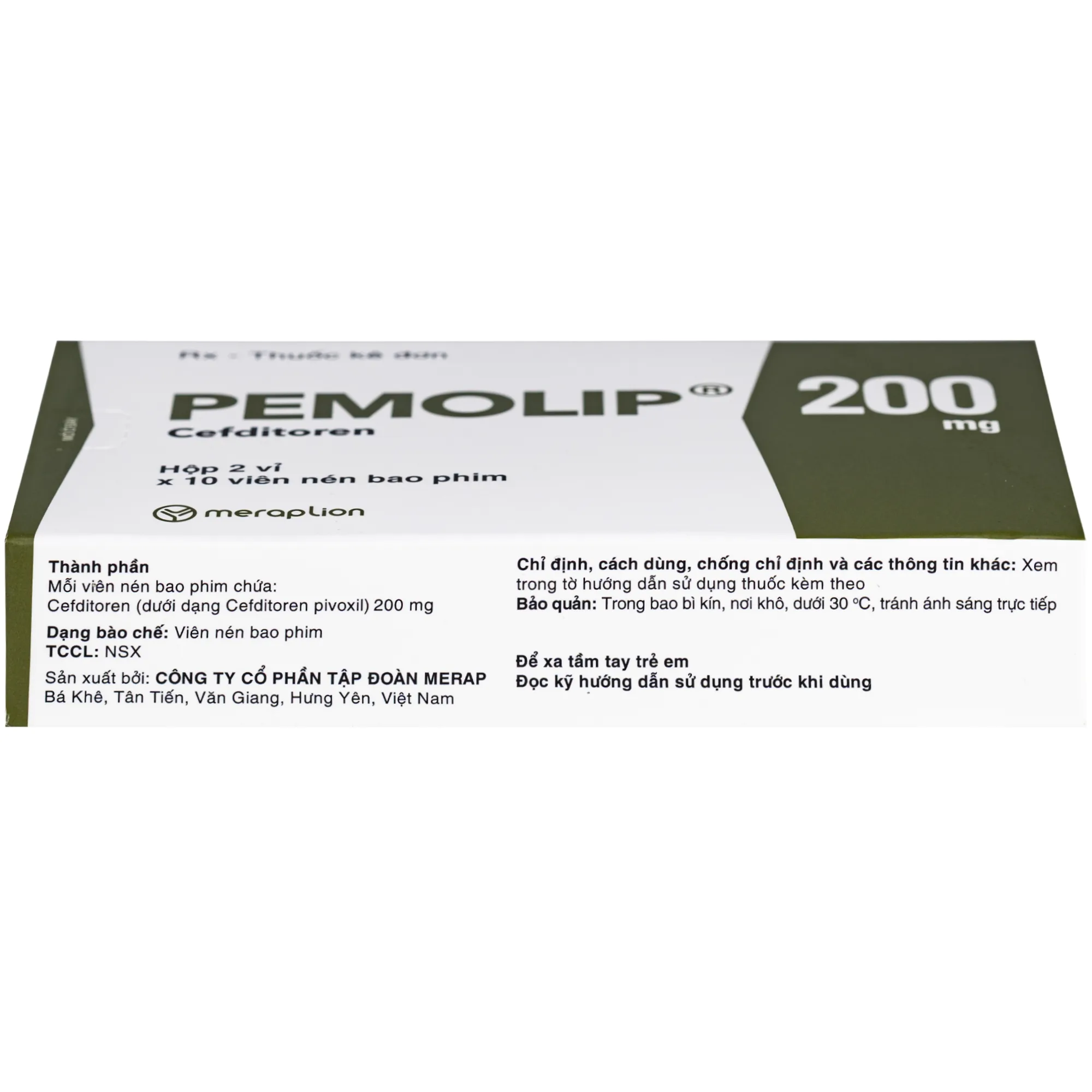 Hình ảnh Thuốc Pemolip 200mg Meraplion điều trị các nhiễm khuẩn từ nhẹ đến vừa bởi các chủng vi sinh vật (2 vỉ x 10 viên)