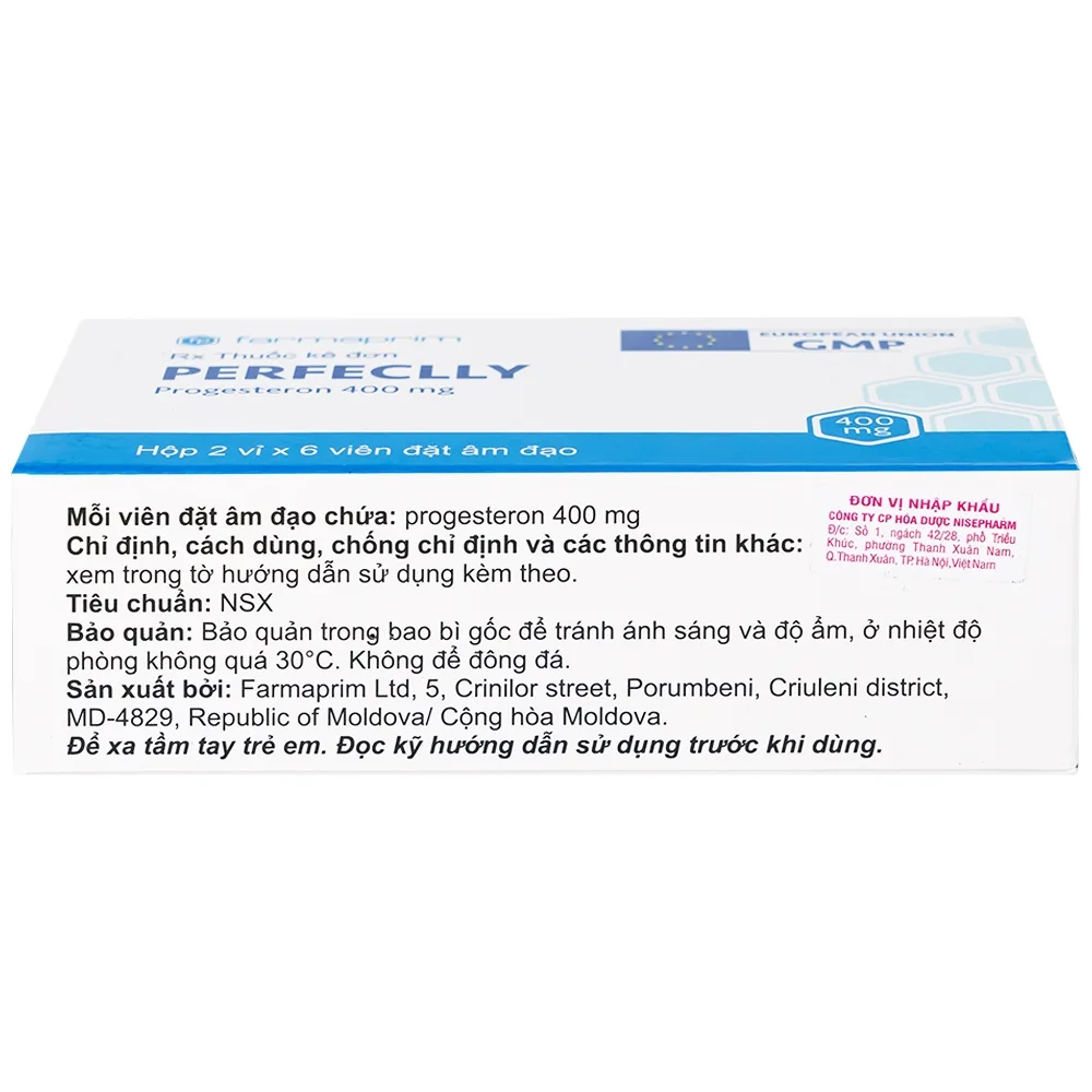 Hình ảnh Viên đặt âm đạo Perfeclly 400mg Farmaprim điều trị hội chứng tiền kinh nguyệt (2 vỉ x 6 viên)