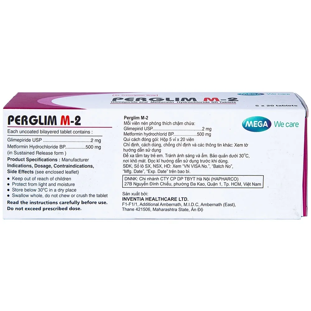 Hình ảnh Viên nén Perglim M-2 Mega We Care điều trị bệnh đái tháo đường típ 2 (5 vỉ x 20 viên)