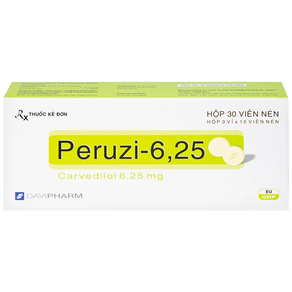 Hình ảnh Viên nén Peruzi-6,25 DaViPharm chống tăng huyết áp, chống đau thắt ngực (3 vỉ x 10 viên)