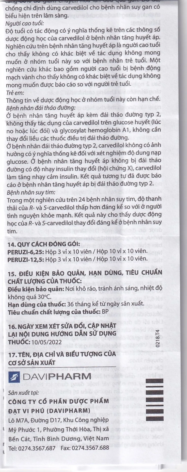 Hình ảnh Viên nén Peruzi-6,25 DaViPharm chống tăng huyết áp, chống đau thắt ngực (3 vỉ x 10 viên)