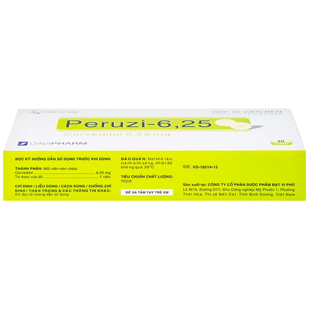 Hình ảnh Viên nén Peruzi-6,25 DaViPharm chống tăng huyết áp, chống đau thắt ngực (3 vỉ x 10 viên)