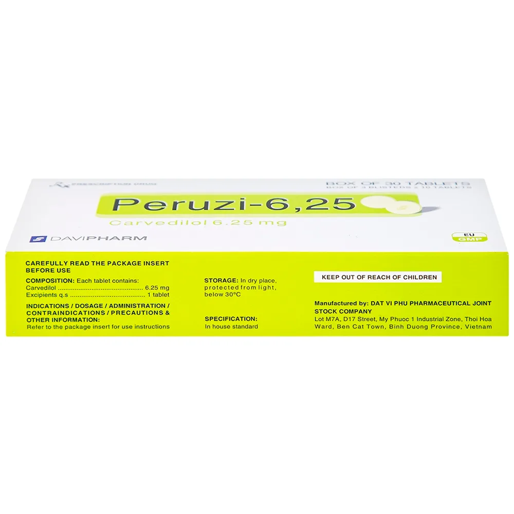Hình ảnh Viên nén Peruzi-6,25 DaViPharm chống tăng huyết áp, chống đau thắt ngực (3 vỉ x 10 viên)