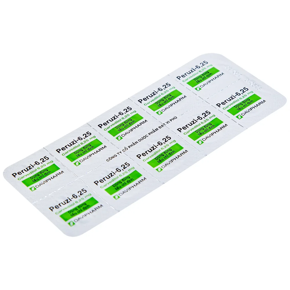 Hình ảnh Viên nén Peruzi-6,25 DaViPharm chống tăng huyết áp, chống đau thắt ngực (3 vỉ x 10 viên)