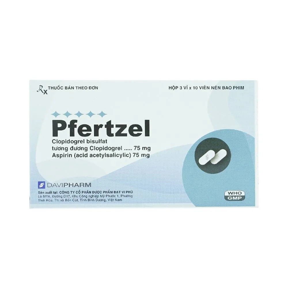 Hình ảnh Viên nén Pfertzel 75mg/75mg DaViPharm dự phòng nghẽn mạch huyết khối, điều trị nhồi máu cơ tim (3 vỉ x 10 viên)