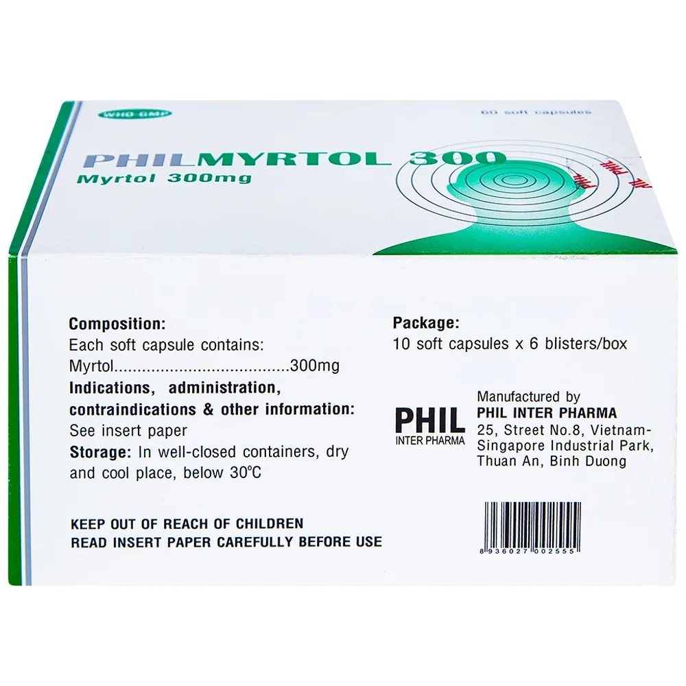 Hình ảnh Thuốc Philmyrtol 300 Phil Inter Pharma loãng đờm, giảm viêm phế quản, viêm xoang mũi (6 vỉ x 10 viên)