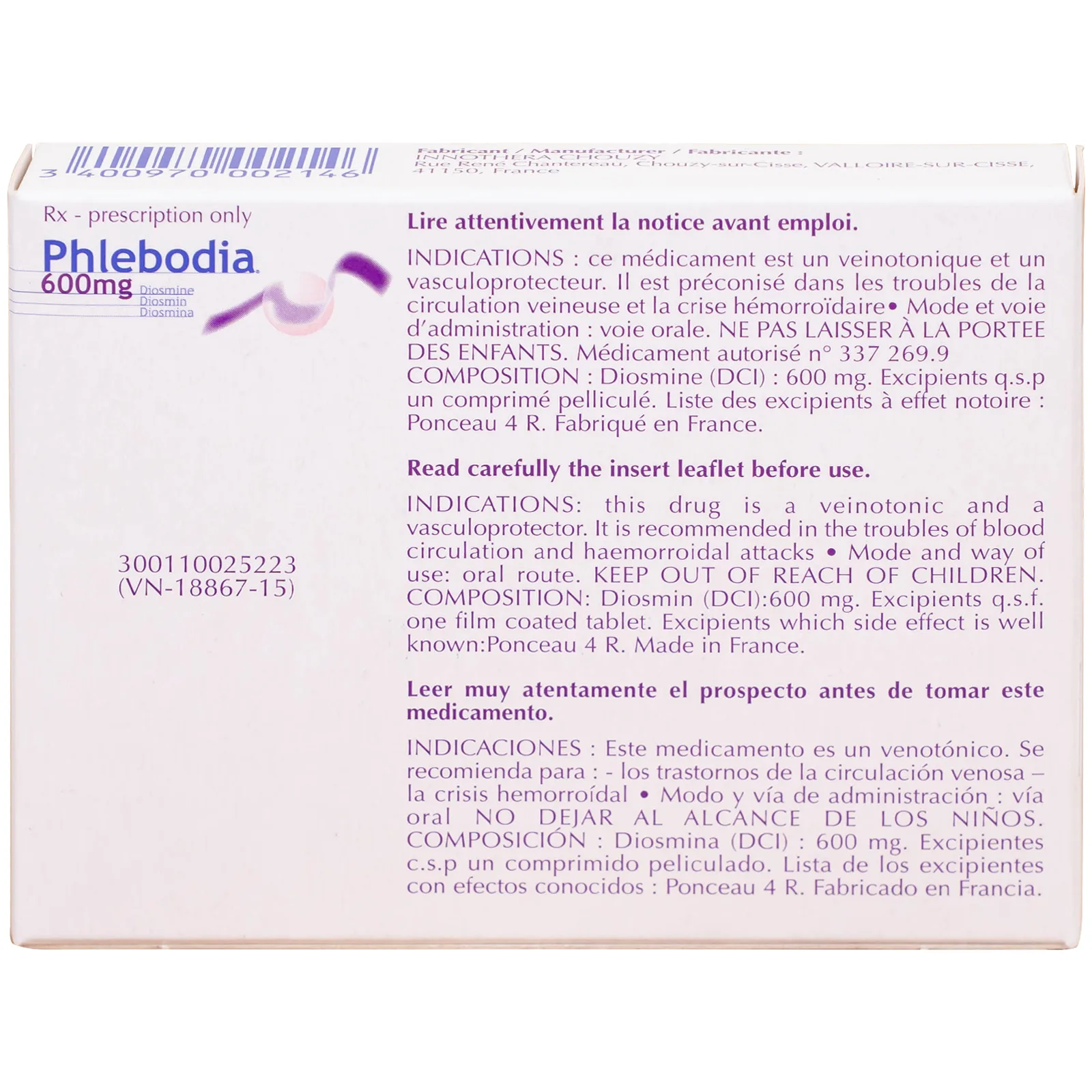 Hình ảnh Thuốc Phlebodia 600mg Innothera điều trị trĩ cấp tính, suy tuần hoàn (2 vỉ x 15 viên)