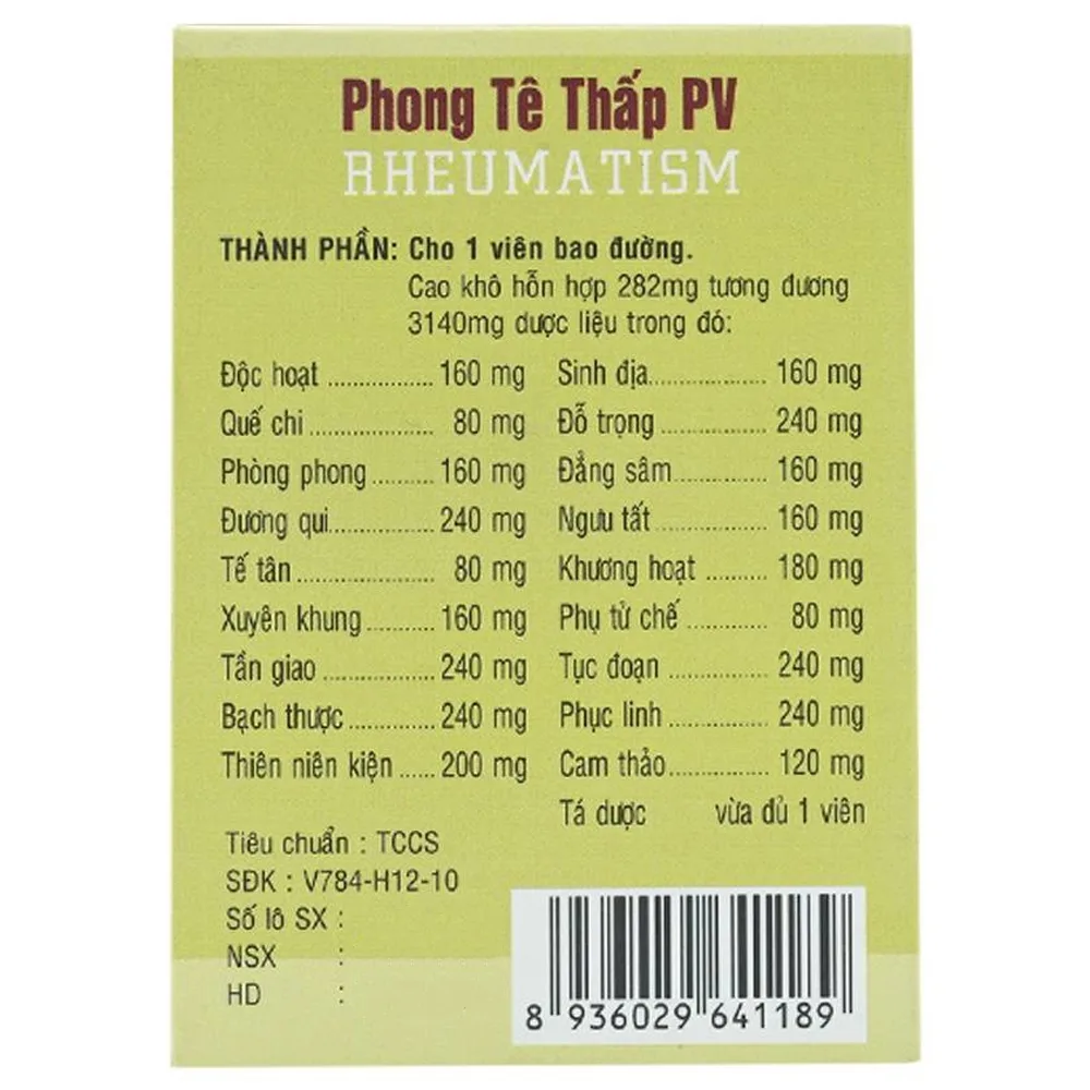 Hình ảnh Thuốc Phong Tê Thấp PV điều trị phong thấp, thắt lưng, đầu gối đau nhức (100 viên)