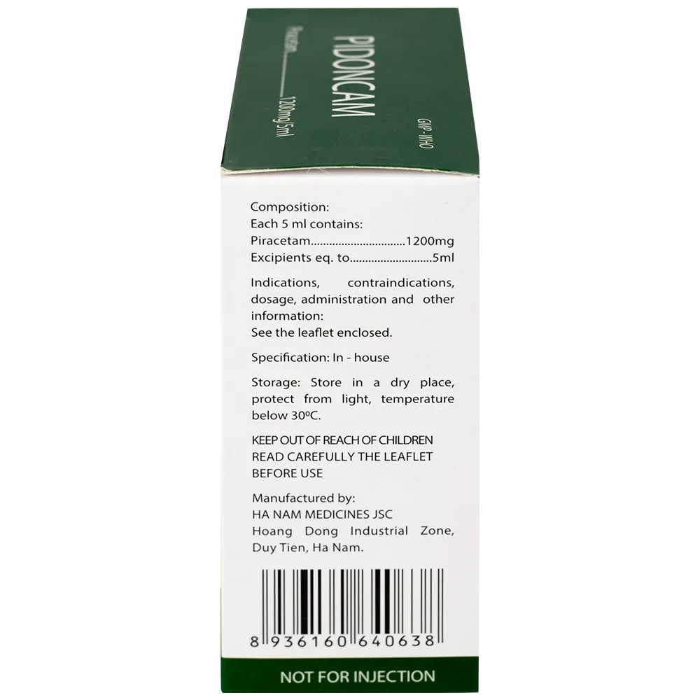 Hình ảnh Thuốc Pidoncam 1200mg/5ml Hà Nam điều trị triệu chứng chóng mặt, suy giảm trí nhớ (20 ống x 10ml)