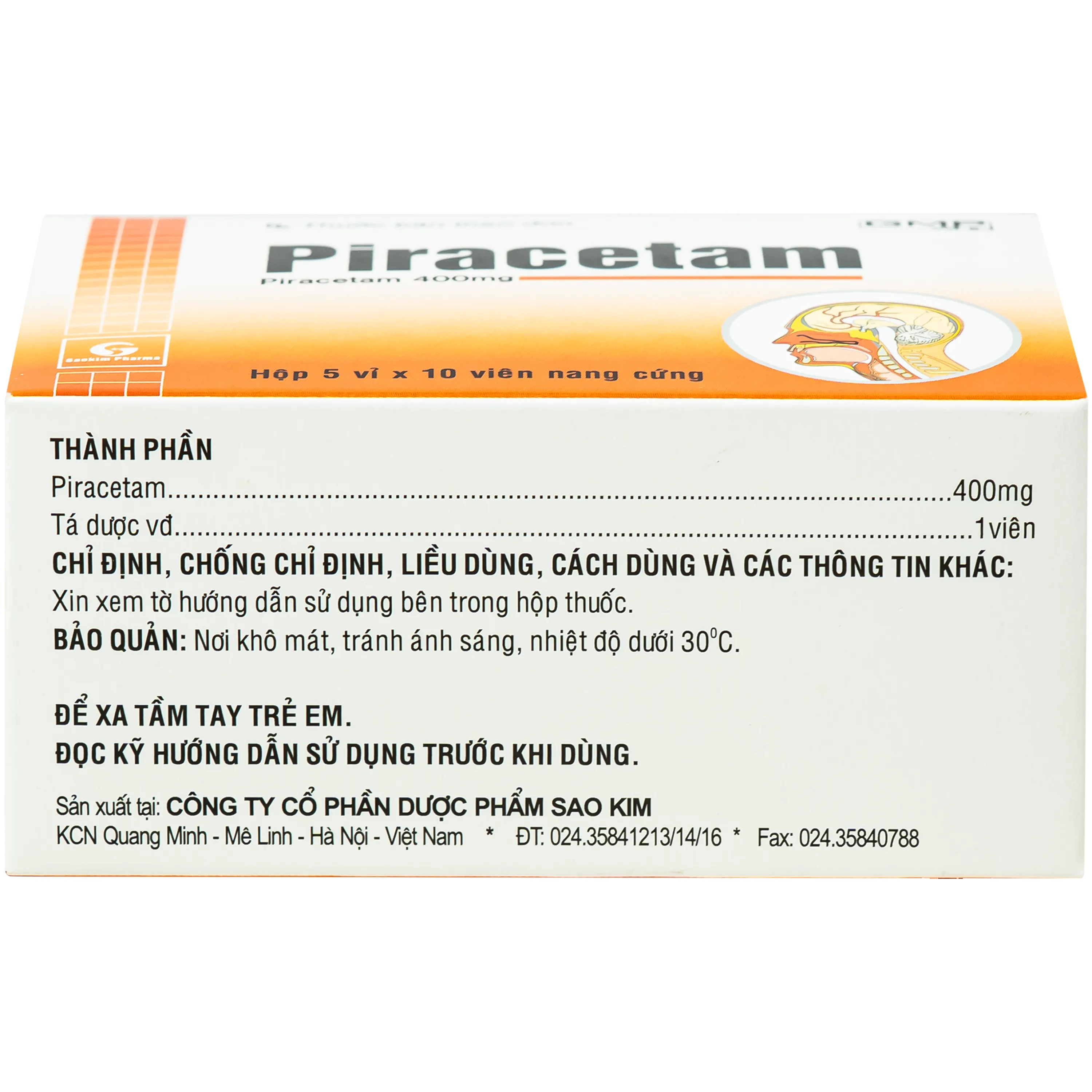 Hình ảnh Thuốc Piracetam 400mg Sao Kim điều trị triệu chứng chóng mặt, suy giảm trí nhớ (5 vỉ x 10 viên)