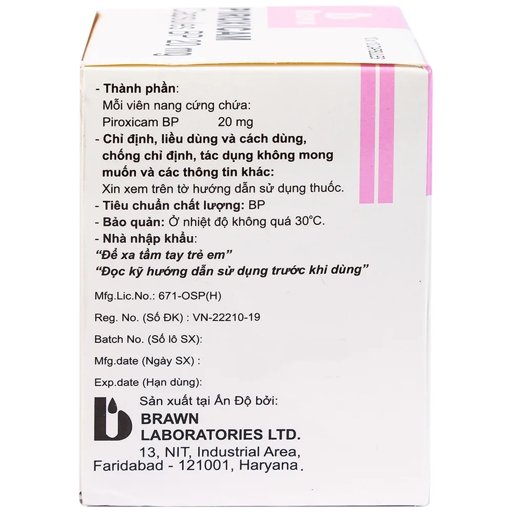 Hình ảnh Thuốc Piroxicam capsules BP 20mg Brawn kháng viêm và giảm đau viêm khớp dạng thấp (10 vỉ x 10 viên)