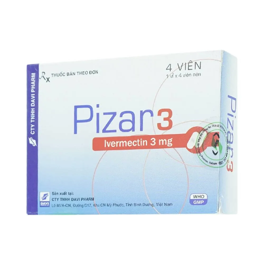 Hình ảnh Viên nén Pizar-3 DaViPharm điều trị các bệnh nhiễm trùng do ký sinh trùng, giun chỉ (1 vỉ x 4 viên)	