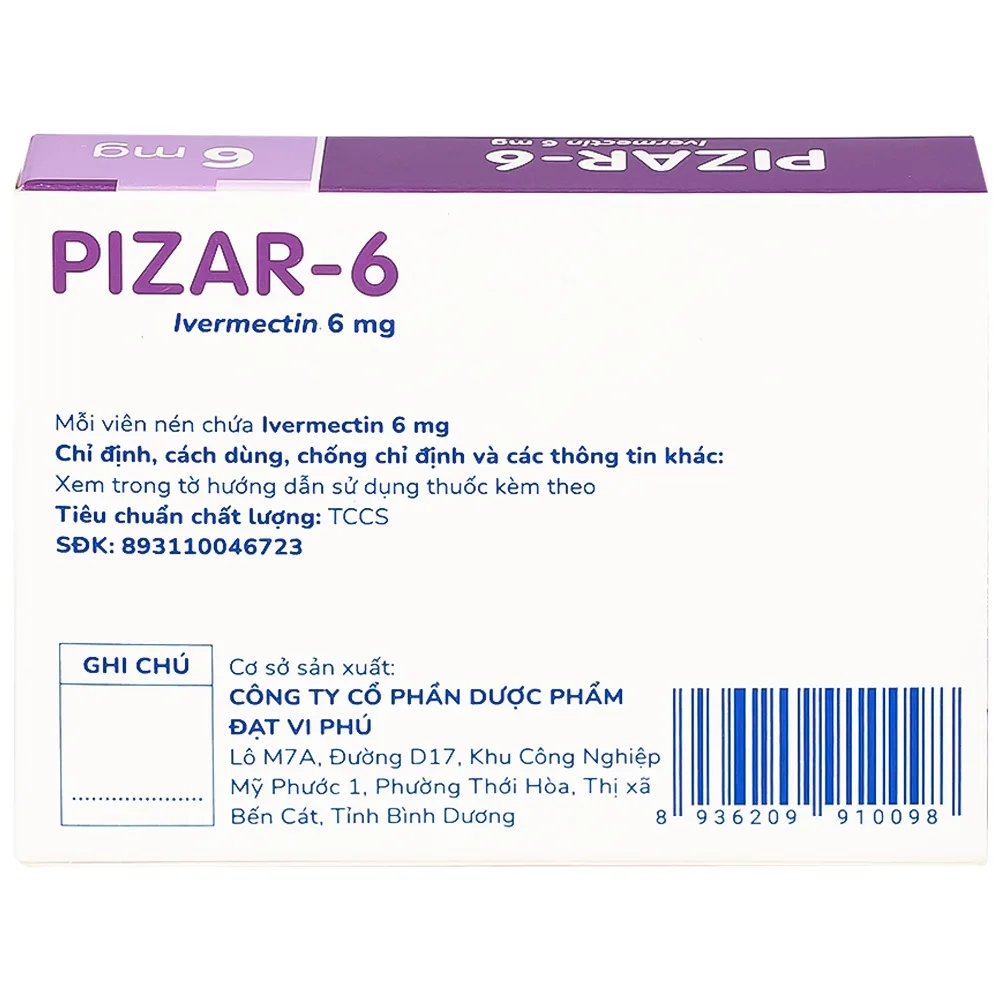 Hình ảnh Viên nén Pizar-6 DaViPharm điều trị các bệnh nhiễm giun lươn, giun chỉ (1 vỉ x 4 viên)