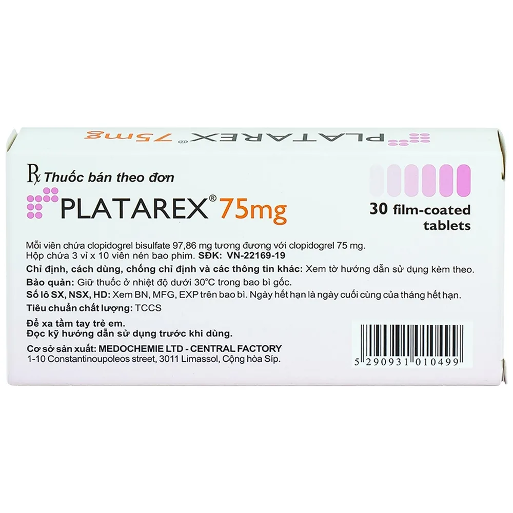 Hình ảnh Viên nén Platarex 75mg Medochemie phòng ngừa các biến cố huyết khối động mạch (3 vỉ x 10 viên)