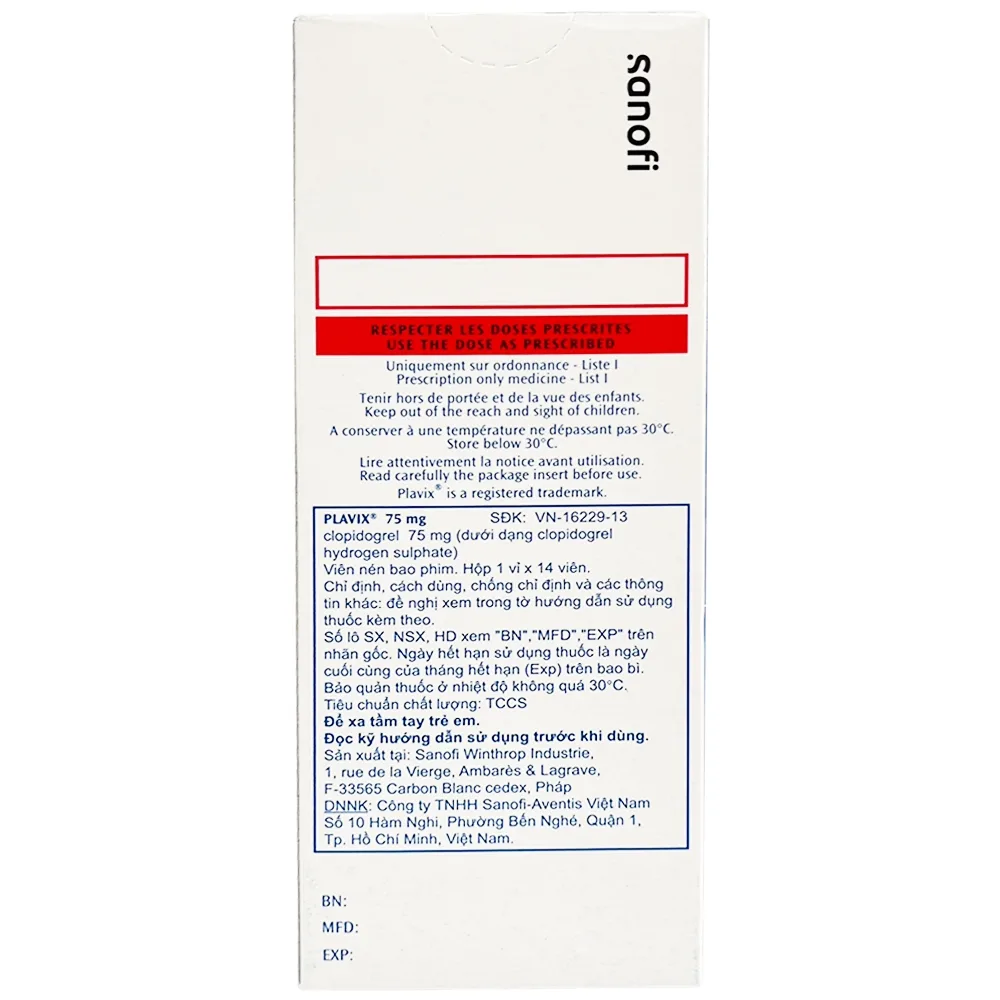 Hình ảnh Thuốc Plavix 75mg Sanofi giảm nguy cơ thành lập cục máu đông, huyết khối (1 vỉ x 14 viên)