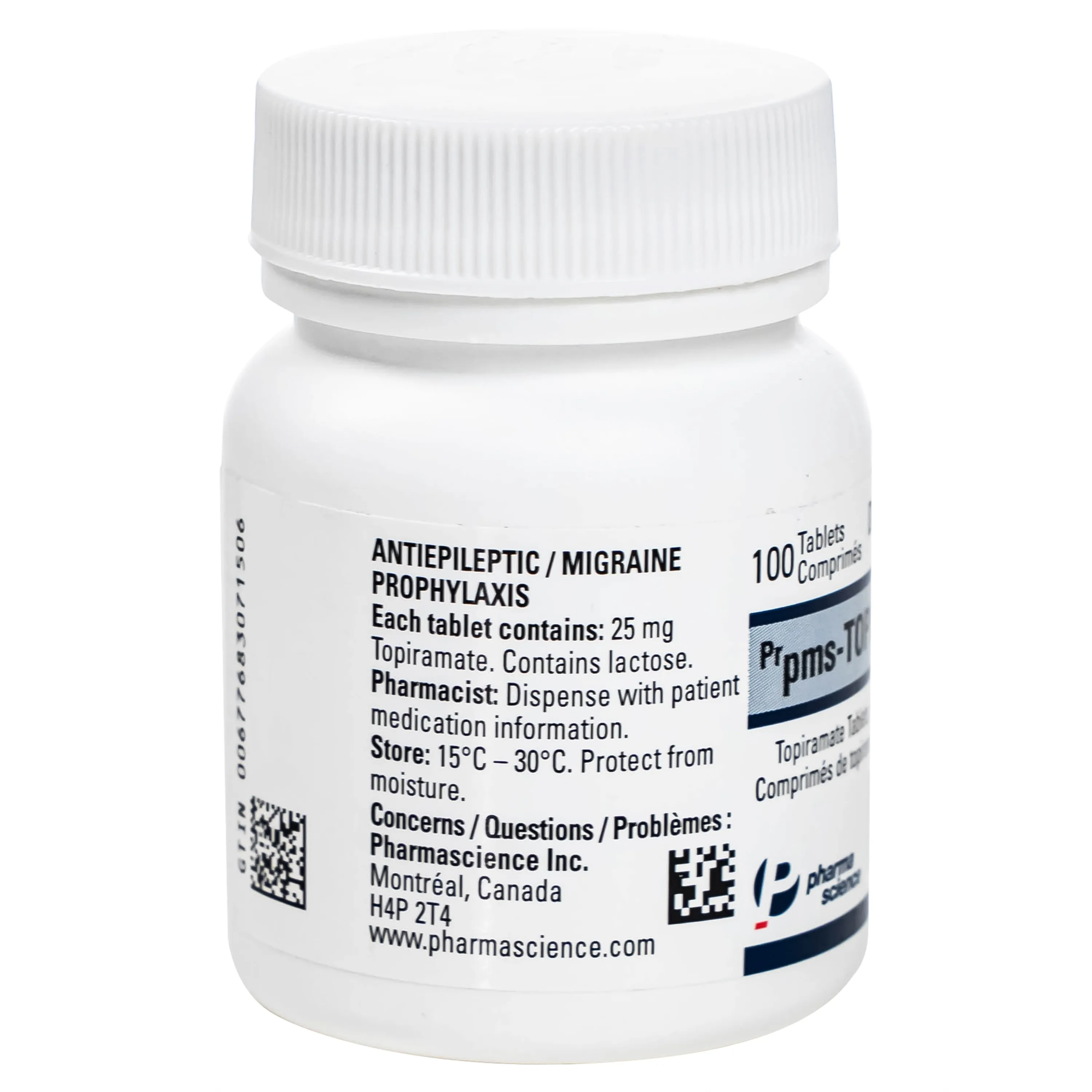 Hình ảnh Thuốc Pms-Topiramate 25mg Pharmascience điều trị động kinh cục bộ, dự phòng đau nửa đầu (Hộp 100 viên)