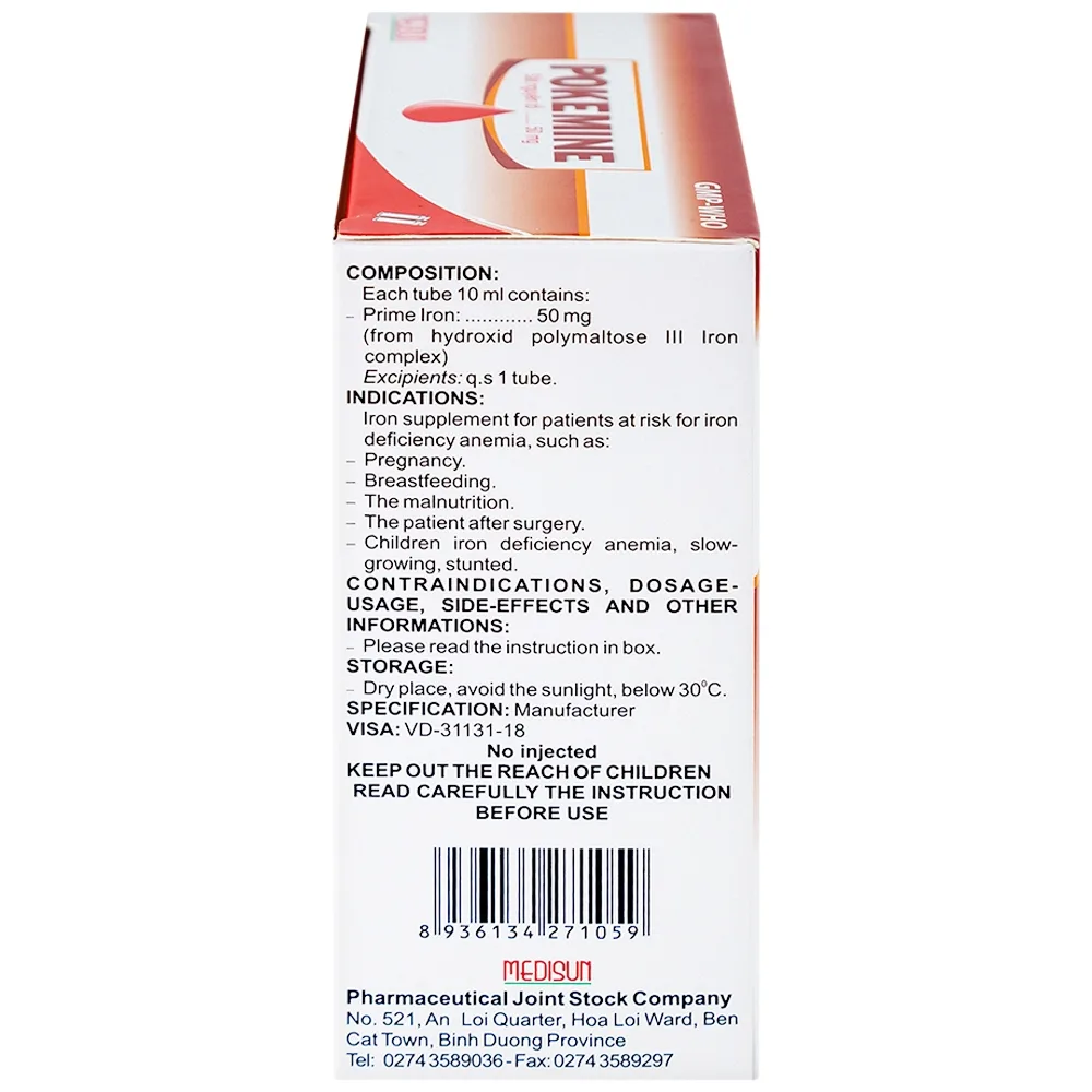 Hình ảnh Dung dịch uống Pokemine 50mg Medisun bổ sung sắt cho bệnh nhân thiếu máu (20 ống x 10ml)