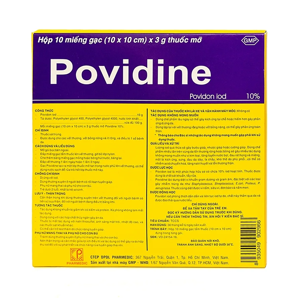 Hình ảnh Gạc Povidine Pharmedic sát trùng vết thương, vết bỏng nông và ít rộng (10 miếng x 3g)
