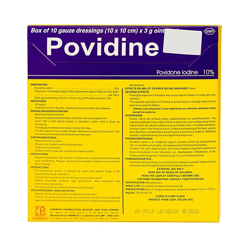 Hình ảnh Gạc Povidine Pharmedic sát trùng vết thương, vết bỏng nông và ít rộng (10 miếng x 3g)