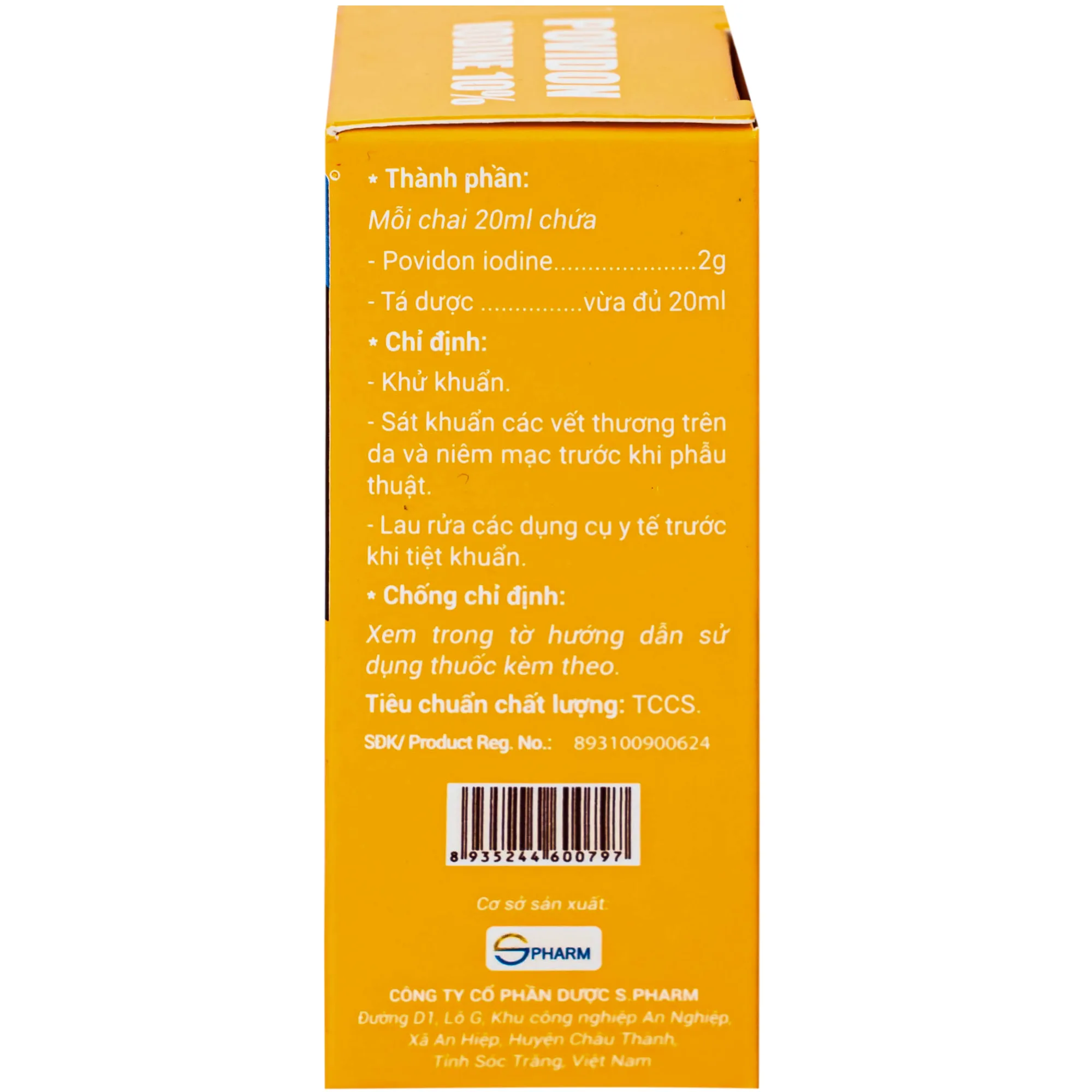 Hình ảnh Dung dịch dùng ngoài Povidon Iodin 10% S.Pharm khử khuẩn, sát khuẩn các vết thương trên da và niêm mạc (Hộp 20ml)